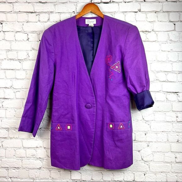 Vintage 90s Althuser Grape/Violet Geometric Shape Embroidered Funky Blazer M - Picture 11 of 13